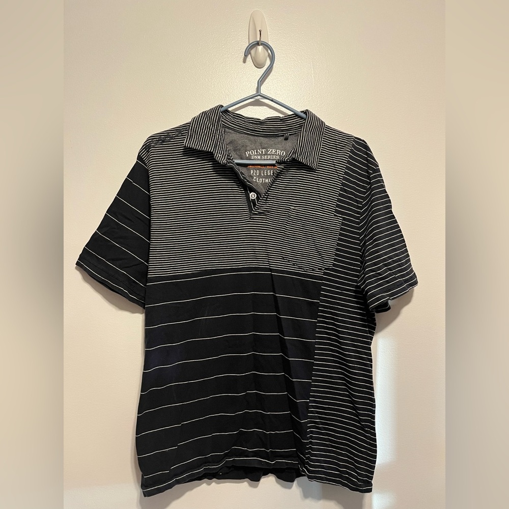 Point Zero| Men's Sz L navy?black? & white striped polo with pocket